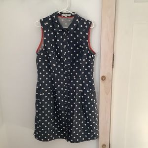 Boden Navy Polka Dot Sleeveless Shirt Dress with Red Trim